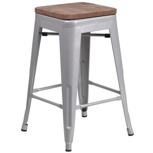 Merrick Lane Backless Metal Dining Stool with Wooden Seat for Indoor Use - 1 of 4