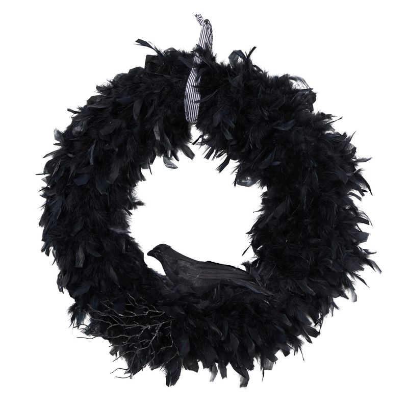 Nearly Natural 30" Halloween Raven Feather Wreath, 1 of 5