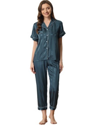 cheibear Women's Satin Button Down Short Sleeve Sleepwear with Long Pants Pajama Set
