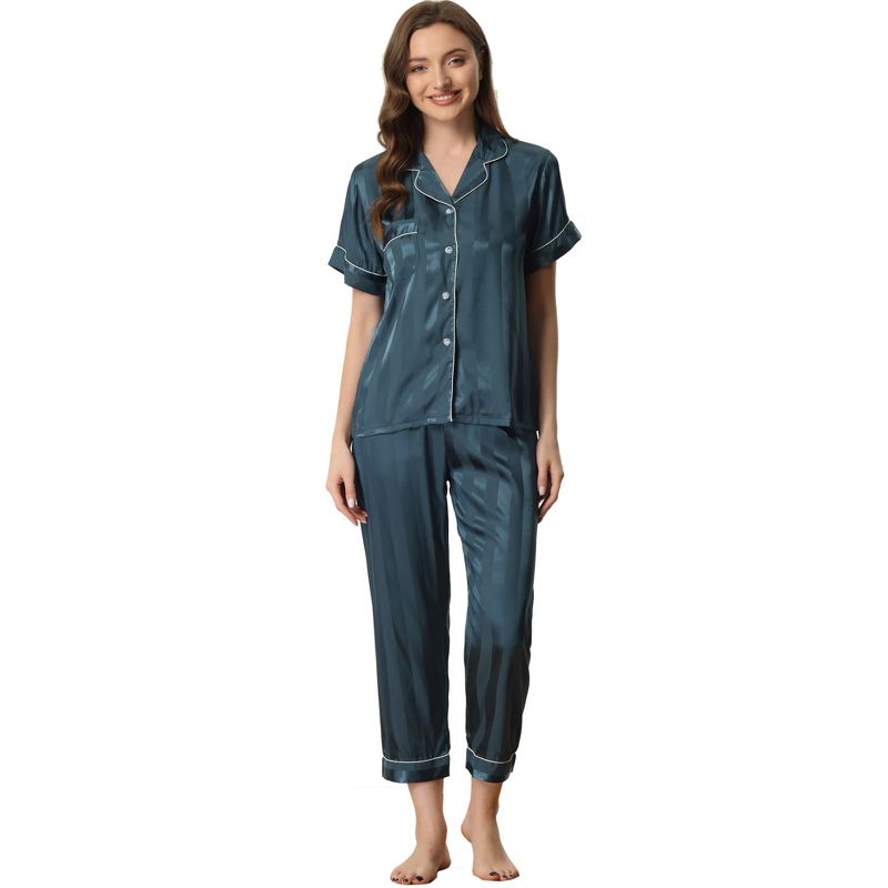 cheibear Women's Satin Button Down Short Sleeve Sleepwear with Long Pants Pajama Set, 1 of 7