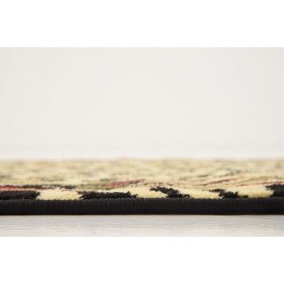 Ivory and Black Leopard Print Runner Rug with Botanical Border