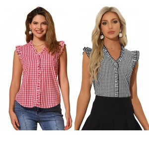 INSPIRE CHIC Women's Cap Sleeve Plaid Gingham Ruffle Shirt 2 Packs - 1 of 4