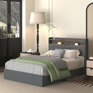 GDFStudio Veyra Modern Wooden Upholstered Platform Bed Frame with 4 Drawers, LED Lights and Charging Port - 1 of 4