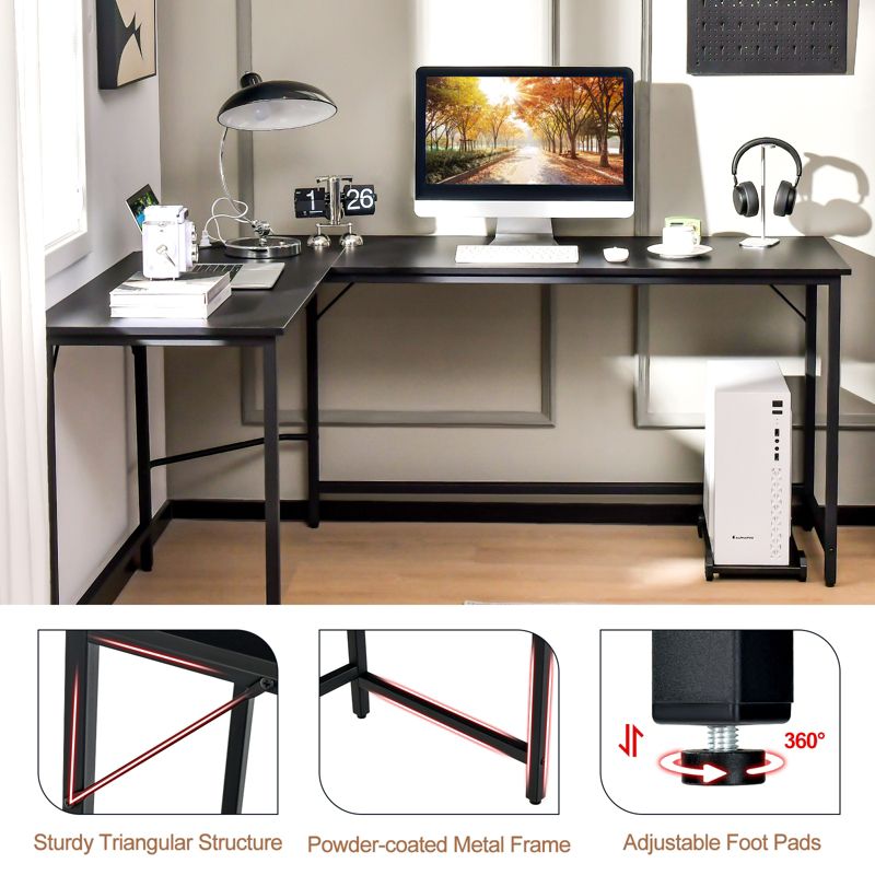 Tangkula L-Shaped Desk with Power Outlet 66” Computer Corner Desk with CPU Stand & Heavy-duty Metal Frame Rustic Brown/Black, 3 of 10