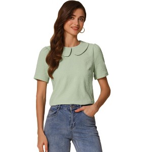 INSPIRE CHIC Women's Floral Jacquard Puff Short Sleeve Peter Pan Collar Blouse - 1 of 4