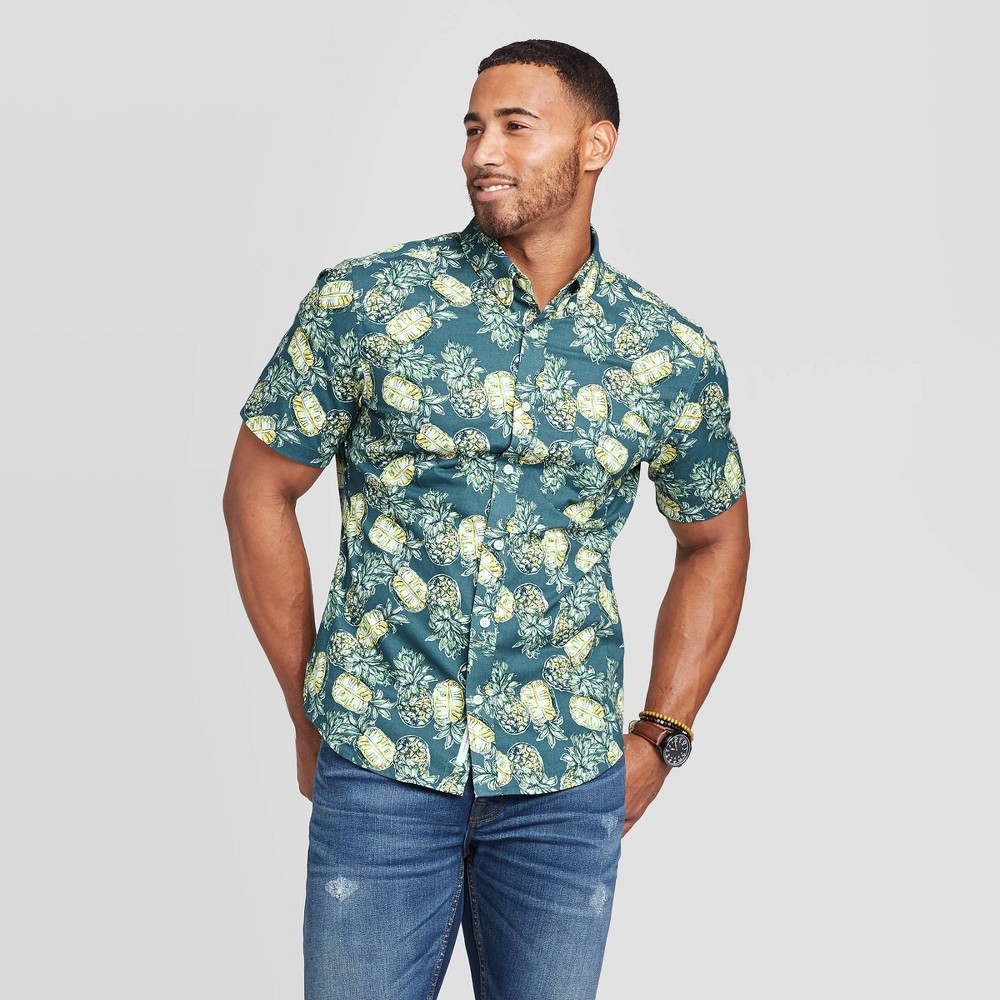 Men's Pineapple Print Slim Fit Short Sleeve Poplin Button-Down Shirt - Goodfellow & Co Dark Blue L, Men's, Size: Large was $19.99 now $12.0 (40.0% off)