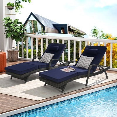 Set of 2 Outdoor Lounge Chair 5-Position Chaise Lounge Wicker Long Reclining Chair Lawn Sunbathing Chairs with Cushion, Gray/Beige/Blue/Red-ModernLuxe