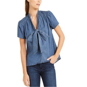 I.N.C International Concepts Womens Tie-Neck Denim Baby Doll Blouse, Blue, Large - 1 of 1