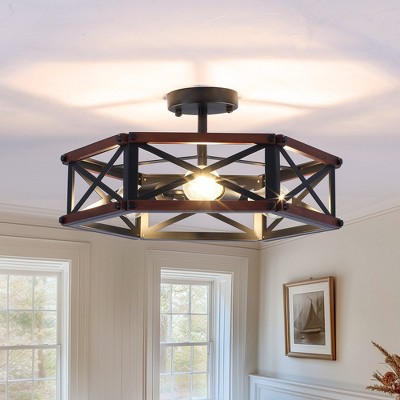 PAKOKULA Farmhouse Industrial 18.31 in. 3-Light Black and Brown Hexagon Cage Semi-Flush Mount Ceiling Light