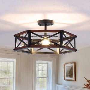 PAKOKULA Farmhouse Industrial 18.31 in. 3-Light Black and Brown Hexagon Cage Semi-Flush Mount Ceiling Light - 1 of 4