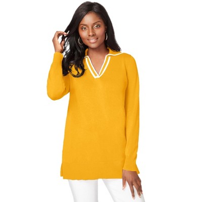 Jessica London Women's Plus Size Fine Gauge Contrast Tipped Collar Sweater