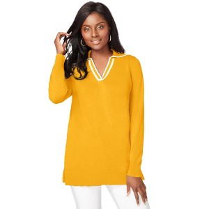 Jessica London Women's Plus Size Fine Gauge Contrast Tipped Collar Sweater - 1 of 4