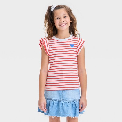 Girls' Short Ruffle Sleeve Striped Ribbed T-Shirt - Cat & Jack™