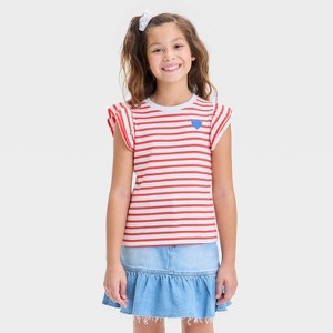 Girls' Short Ruffle Sleeve Striped Ribbed T-Shirt - Cat & Jack™ - 1 of 4