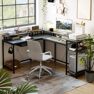 L Shaped Gaming Desk,68" Computer Desk with Power Outlets & LED Lights, Corner Desk with Monitor Shelf and Hook, Two Person Desk - 1 of 4