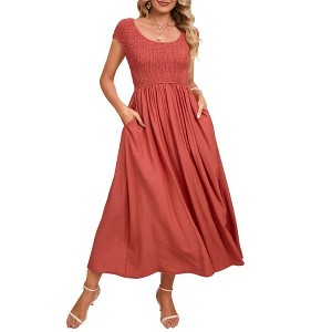 Whizmax Women's Summer Dress Casual Round Neck Short Sleeve Smocked High Waist Maxi Dress with Pockets - 1 of 4
