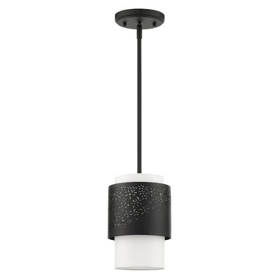 Noria Black Steel Drum Pendant with Off-White Fabric Shade