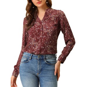 Allegra K Women's Floral Loose V Neck Long Sleeve Button-Up Shirt - 1 of 4