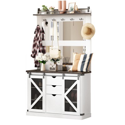 Garvee 5-in-1 Coat Rack, Multifunctional Hall Tree with 2 Shoe Storage, 2 Mirrors, 7 Hooks, 3 Storage Drawers, Sliding Doors for Entryway and Mudroom