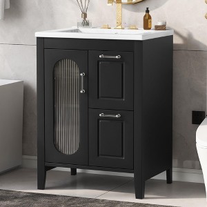 24" Bathroom Vanity with Sink, Bathroom Vanity Cabinet with Two Drawers and Door, Adjustable Shelf, Black - 1 of 4