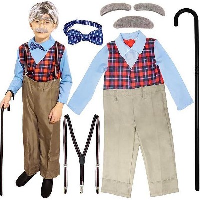 4E's Novelty Old Man Costume For Kids Boys - 100 Days of School Costume for Boys Grandpa Dress Up Outfit with Cane 6 Pcs Set Size Large