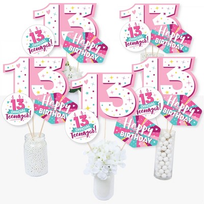 Big Dot of Happiness Girl 13th Birthday - Official Teenager Birthday Party Centerpiece Sticks - Table Toppers - Set of 15