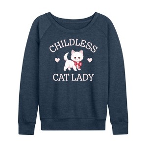 Women's - Instant Message - Childless Cat Lady Kitten Lightweight French Terry Wide Neck Long Sleeve Graphic Shirt - 1 of 4