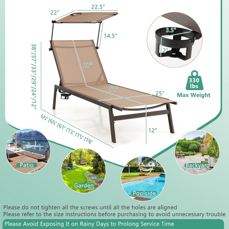 Costway Outdoor Chaise Lounge Chair with Sunshade 6-Level Adjustable Recliner Backyard, 3 of 10