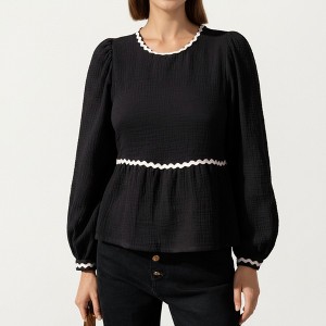 Anna-Kaci Women's Long Sleeve Textured Peplum Top with Contrast Trim Accents and Statement Bow Detail - 1 of 4