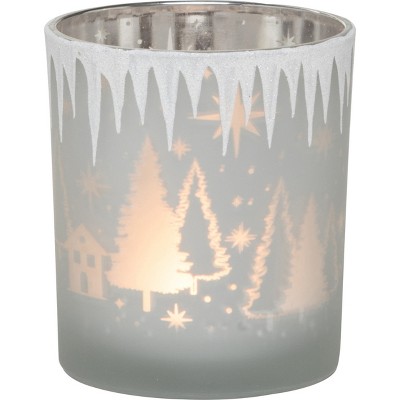 Transpac Glass 4 in. White Christmas Scene Candle Holder