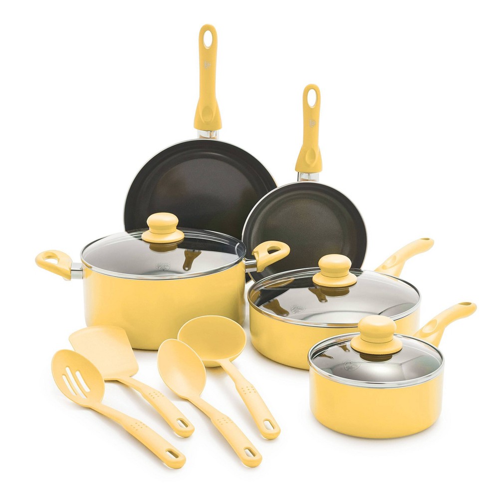 GreenLife Essentials 12pc Ceramic Nonstick Aluminum Cookware Set Light Yellow: Induction Compatible, Dishwasher-Safe