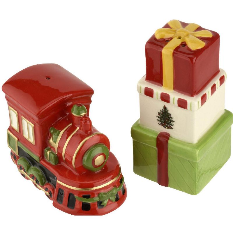 Spode Christmas Tree Train Salt and Pepper Set - Train: 2.25 x 2.25 x 3 in/ Gift stack: 3.5 x 1.65 x 1.65 in, 2 of 4