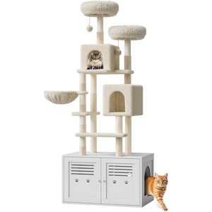 75.6'' Modern 2-in-1 Cat Tree & Hidden Litter Box Enclosure – Wooden Tower with Condo, Hammock, Scratching Post, Plush Perch & Removable Pompoms - 1 of 4