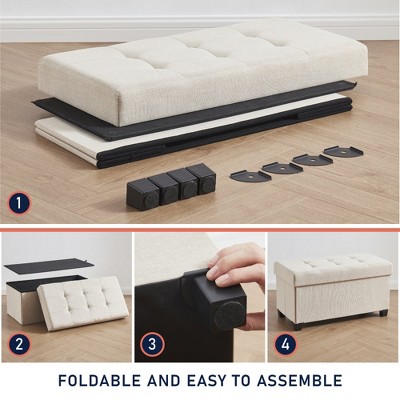 30-Inch Black Linen Folding Storage Ottoman Bench with Plastic Legs