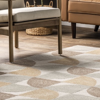 Beige and Light Gray Geometric Wool Tufted Area Rug, 5' x 8'