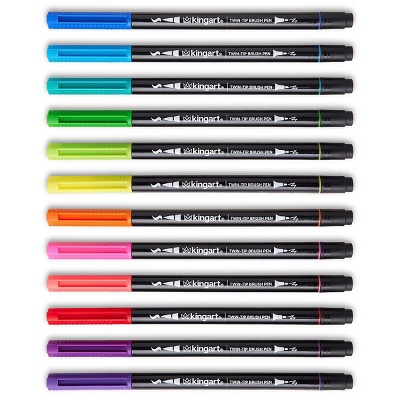 KINGART PRO Twin-Tip™ Brush Pens, 12 BRIGHT Colors