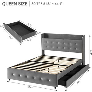 Full Queen King Size Bed Frame with 4 Drawers,Diamond Tufted Upholstered Bed Frame with Charging Station,No Box Spring Needed - 1 of 4