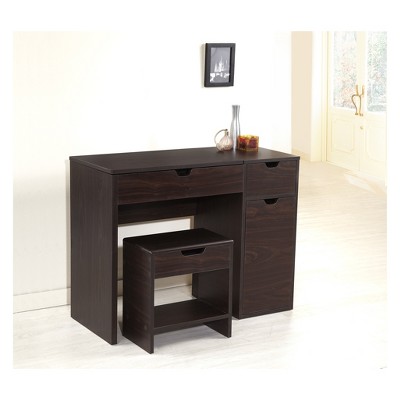 24/7 Shop At Home Lena 3 Drawer Vanity Set Dark Walnut: Modern Dressing & Makeup Table with Mirror, Storage Stool