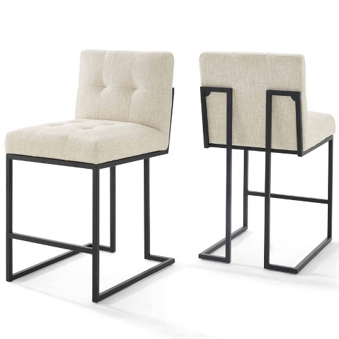 Set of 2 Privy Stainless Steel Upholstered Fabric Counter Height Barstools Black Beige Modway