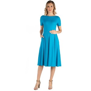 24seven Comfort Apparel Maternity Midi Dress with Short Sleeve and Pocket Detail - 1 of 4