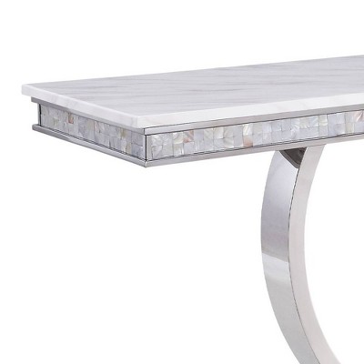 65'' Zander Modern Glamour Sofa Table with White Faux Marble and Mirrored Silver Finish