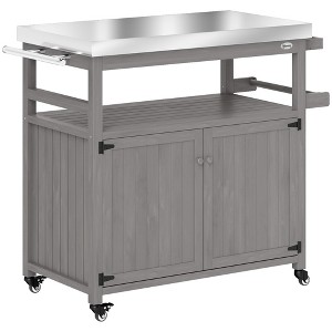 Outdoor Grill Cart w/ Stainless Steel Top, Solid Wood Outdoor Kitchen Island w/ Wheels, Storage Cabinets - 1 of 4