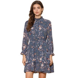 INSPIRE CHIC Women's Floral Long Sleeve Mock Neck Ruffle Layered Smocked Mini Dress - 1 of 4