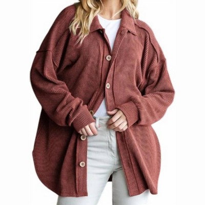 Women's Basic Collar Solid Urban Ribbed Button Down Shacket Curvy - HEIMISH USA