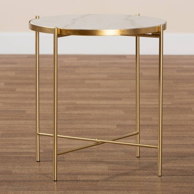 Maddock 19.3" Round White Marble and Gold Metal End Table