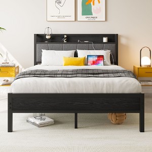 NicBex Bed Frame with Charging Station,Upholstered Bed Frame with Storage Headboard,Strong Metal Slats,No Box Spring Needed,Easy Assembly,Brown/Black - 1 of 4