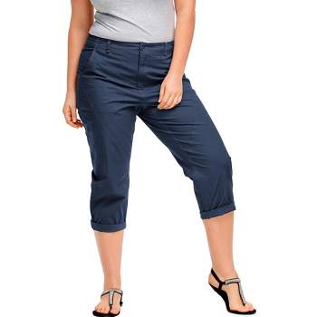 Ellos Women's Plus Size Stretch Cargo Capris Front And Side Pockets Casual  Cropped Pants - 26, Navy Blue : Target