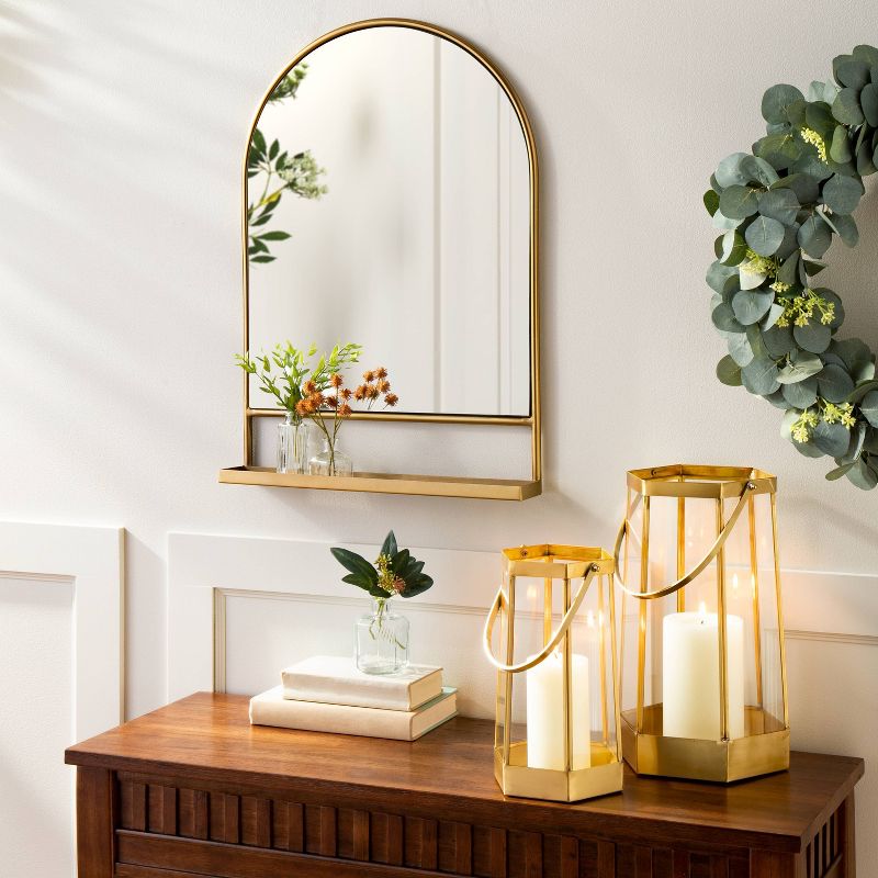 Arched 18&#34;x26&#34; Metal Frame Wall Mirror with Shelf Brass Finish - Hearth &#38; Hand&#8482; with Magnolia, 3 of 11