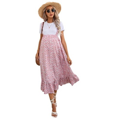 Image of KOJOOIN High Waisted Maternity Midi Skirt Summer Casual Boho Flowy Ruffle Adjustable Suspender Skirt Photoshoot Baby Shower Pink Floral L