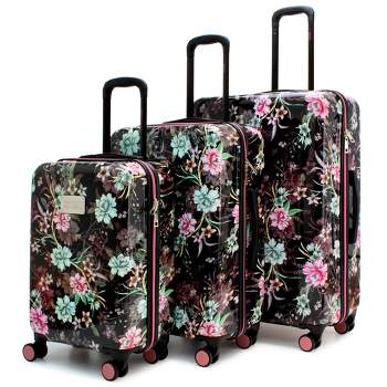 Badgley Mischka Winter Flowers Expandable Hardside Checked 3pc Luggage Set - Black